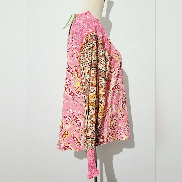 Boho Patchwork Blouse S Floral Paisley Viscose Long Sleeve Ruffle Neck Peasant - Picture 3 of 13